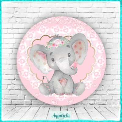 Painel Elefantinha Rosa Menina Corações 120 cm diametro