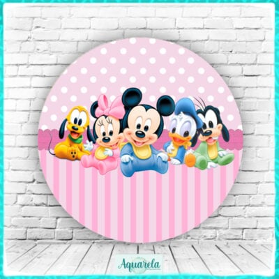 Painel Mickey e Minnie Turma Baby Rosa 120 cm diametro