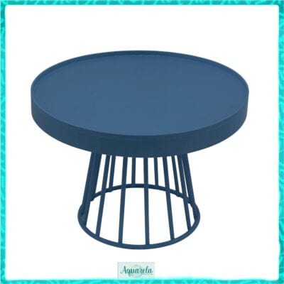Mesa de centro com tampo circular e estrutura de barras metálicas.