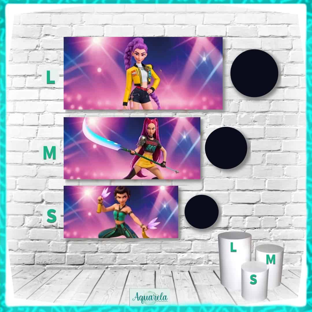 Conjunto de figuras de ação de guerreiras do K-Pop em diferentes tamanhos com fundo colorido e iluminação de palco.