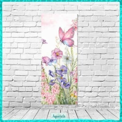 Ilustração de uma borboleta rosa com detalhes azuis e flores coloridas em estilo aquarela.